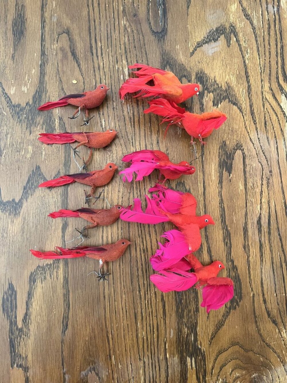 10 Vintage Flocked Red & Pink Feathered Bird Christmas Tree Ornaments 6" Wire-on